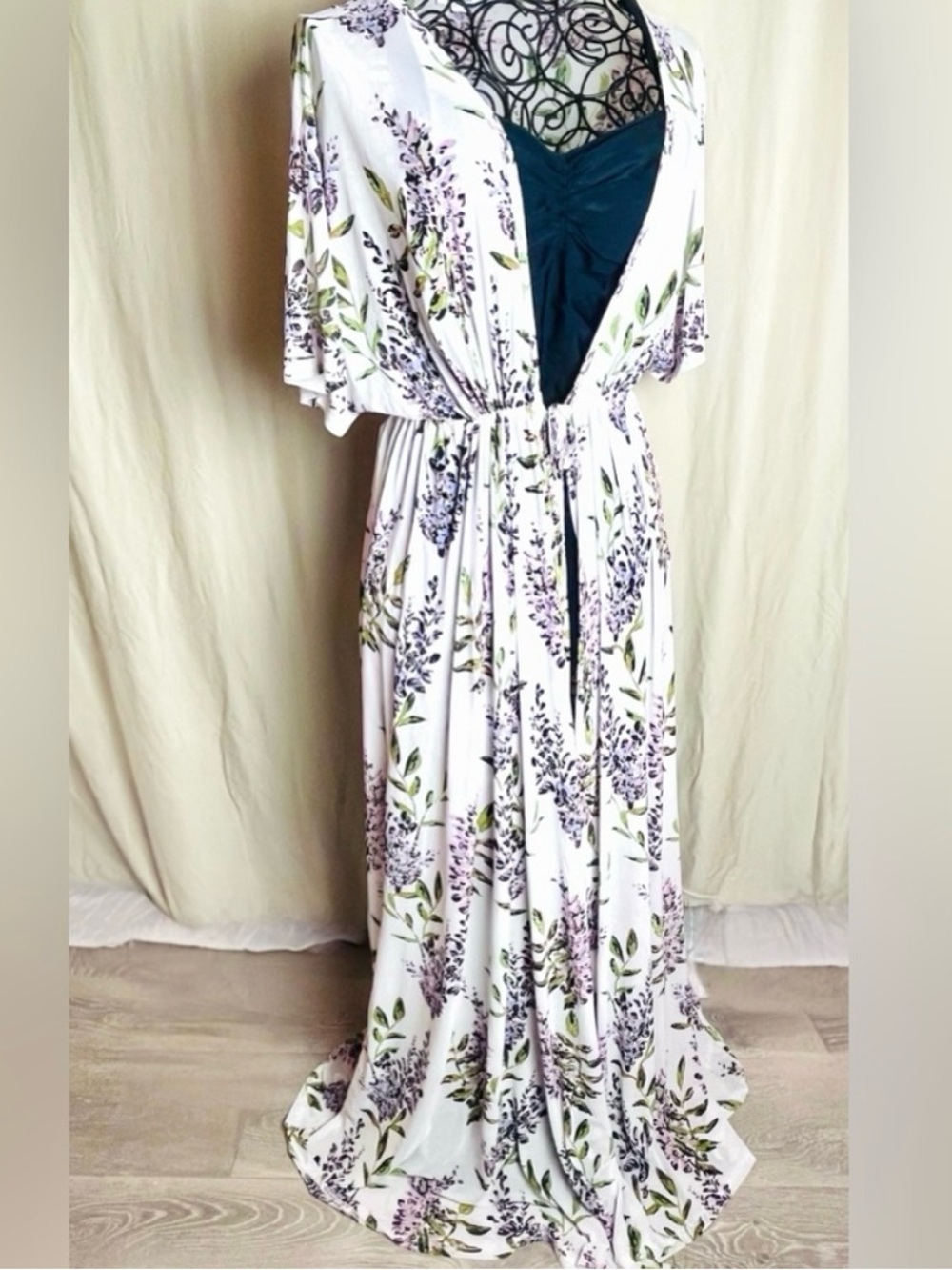 Floral Maxi Swim Cover Up Kimono Duster Drawstring Waist M Beach Vacation Resort